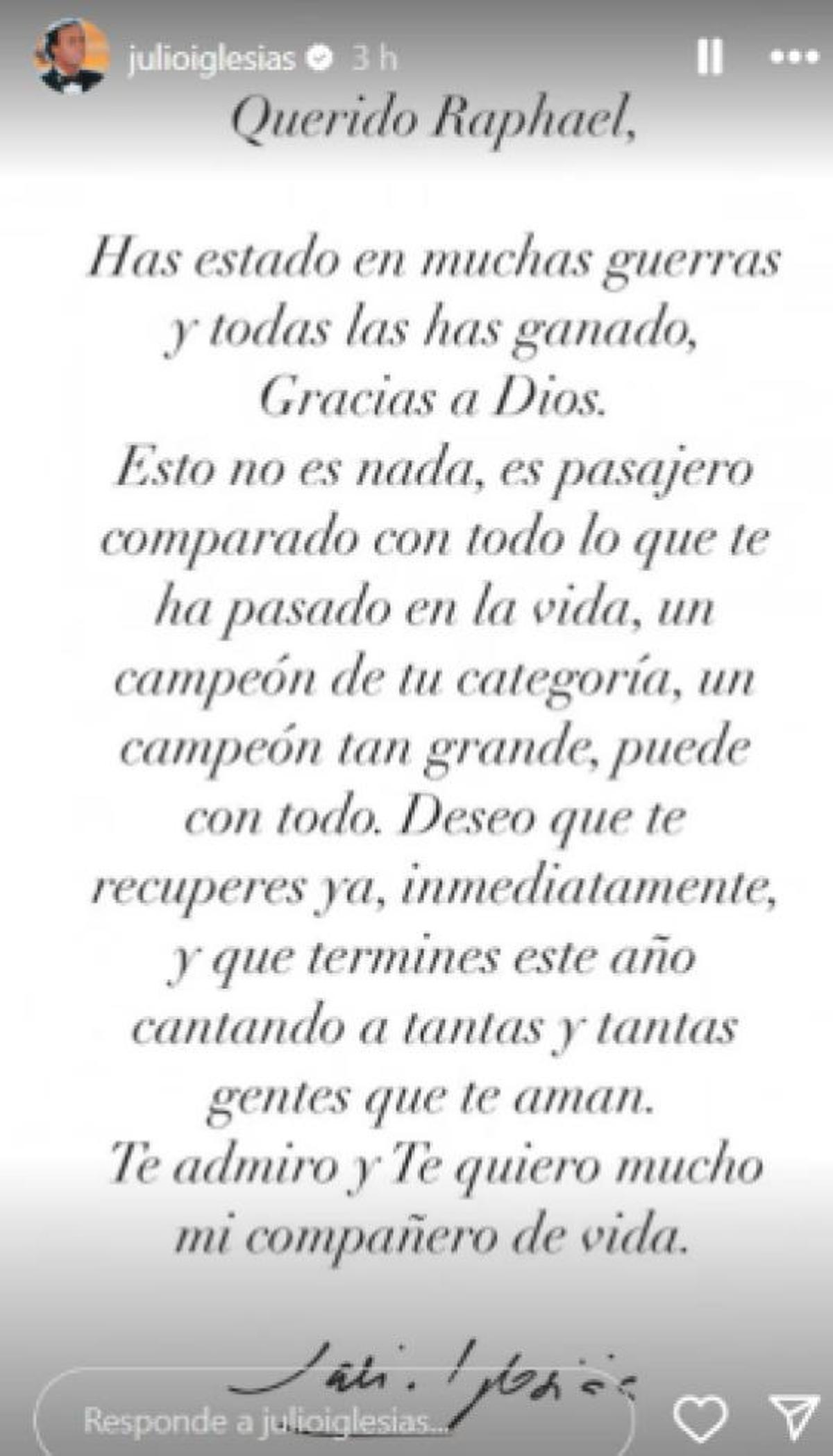 La carta de Julio Iglesias a Raphael, en una historia de Instagram.