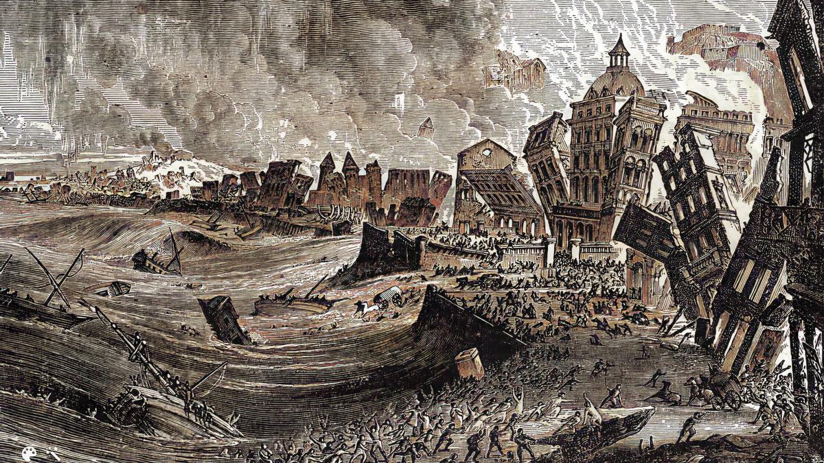 Grabado del terremoto de Lisboa de 1755.
