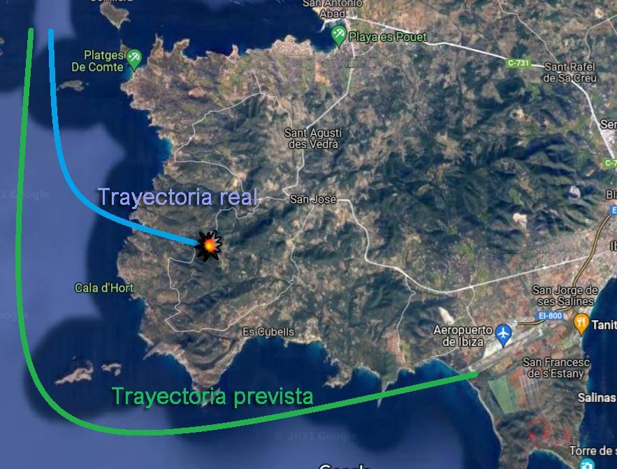 Trayectoria del avión siniestrado en Ibiza