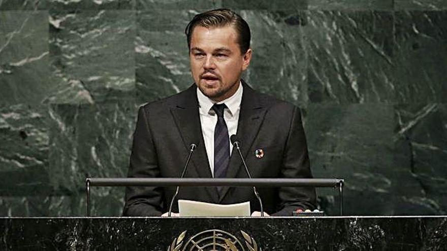 Leonardo DiCaprio durante una intervención sobre cambio climático en la ONU.