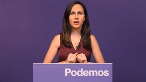 La secretaria general de Podemos, Ione Belarra, en el vídeo difundido en la resaca electoral. 	