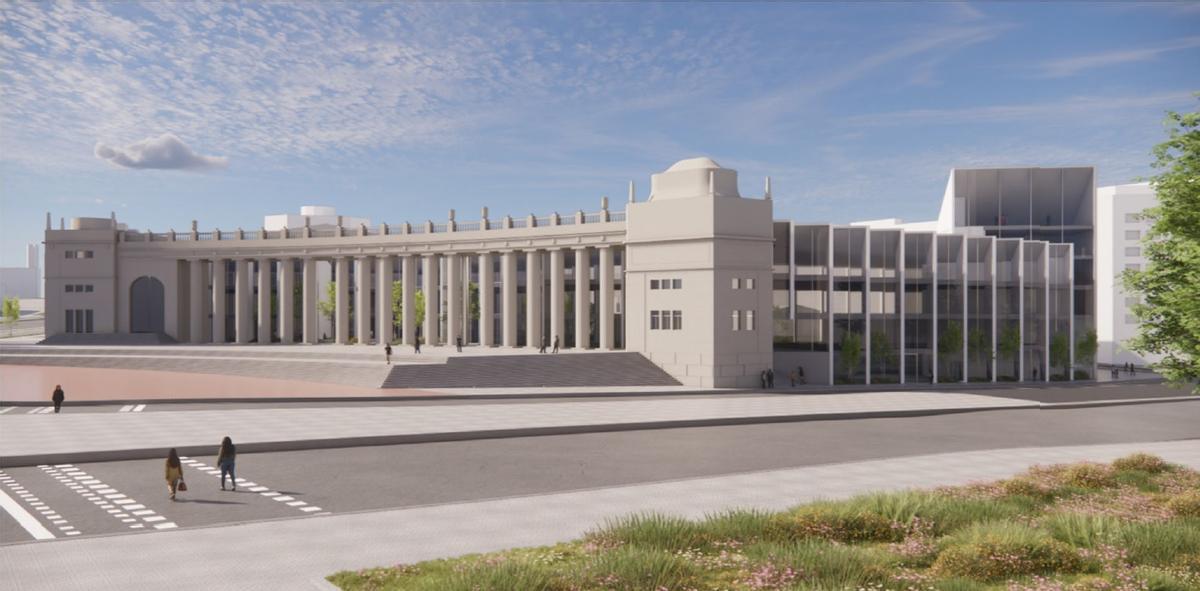 Recreación de la fachada del palacio del Vestit tras la próxima reforma, en el recinto ferial de Montjuïc.