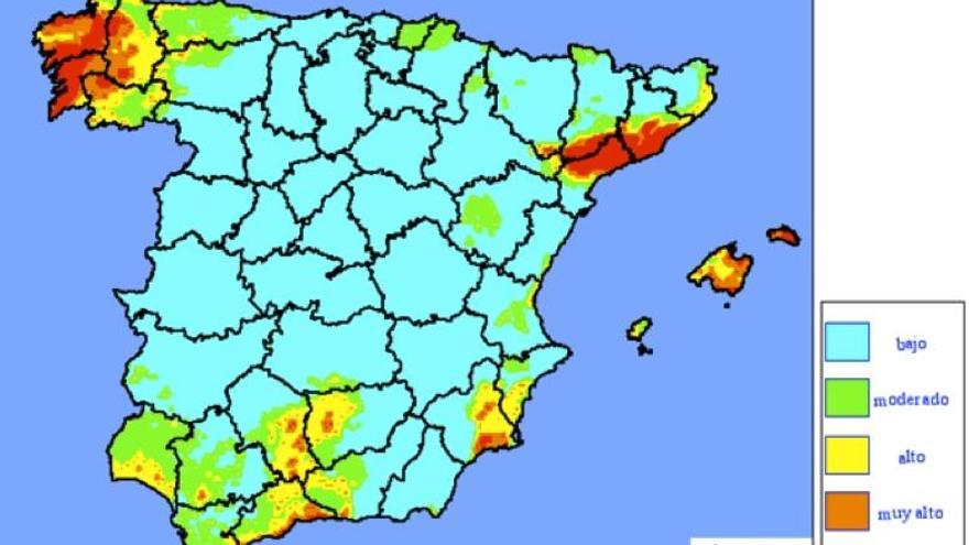 Mapa de riesgo de incendios de la Aemet.