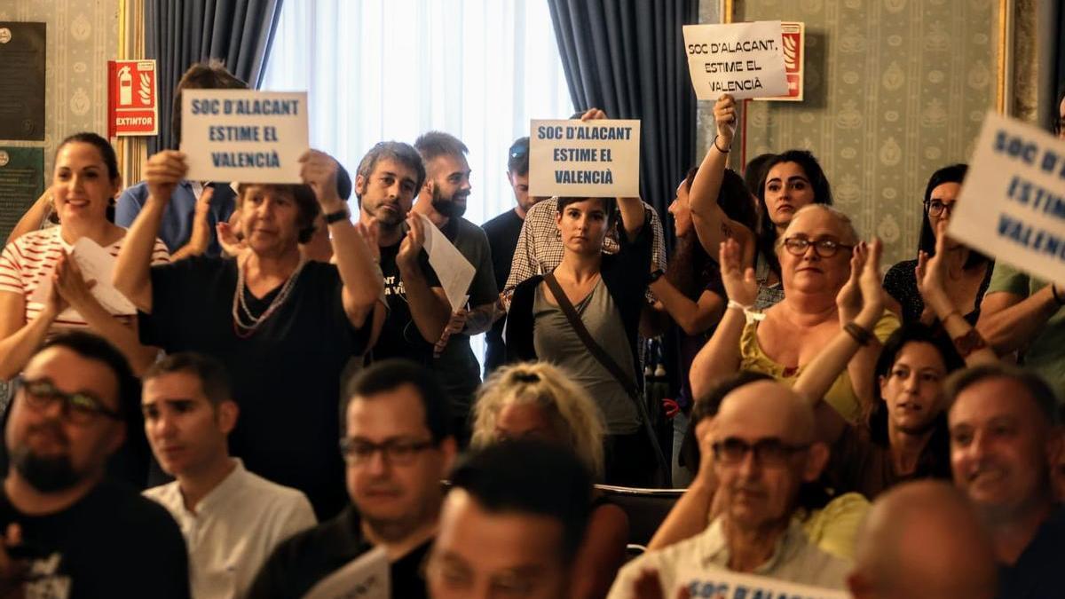 Carteles en defensa del valenciano, durante el pleno de este jueves en Alicante