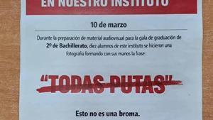 Cartel en el que se muestra y condena el todas putas de los alumnos del IES Goya.