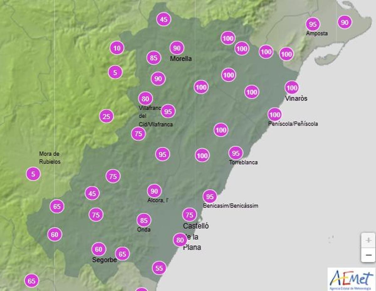 Probabilidad de lluvia en Castellón el miércoles entre las 6.00 y las 12.00 horas.