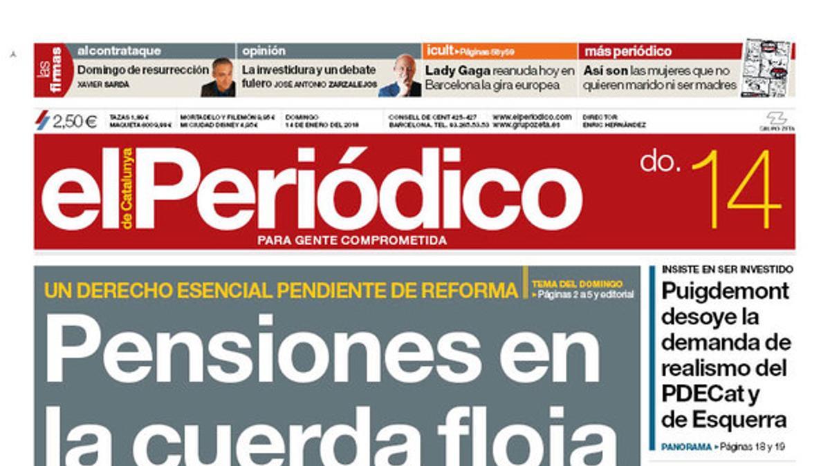 La portada de EL PERIÓDICO del 14 de enero del 2018