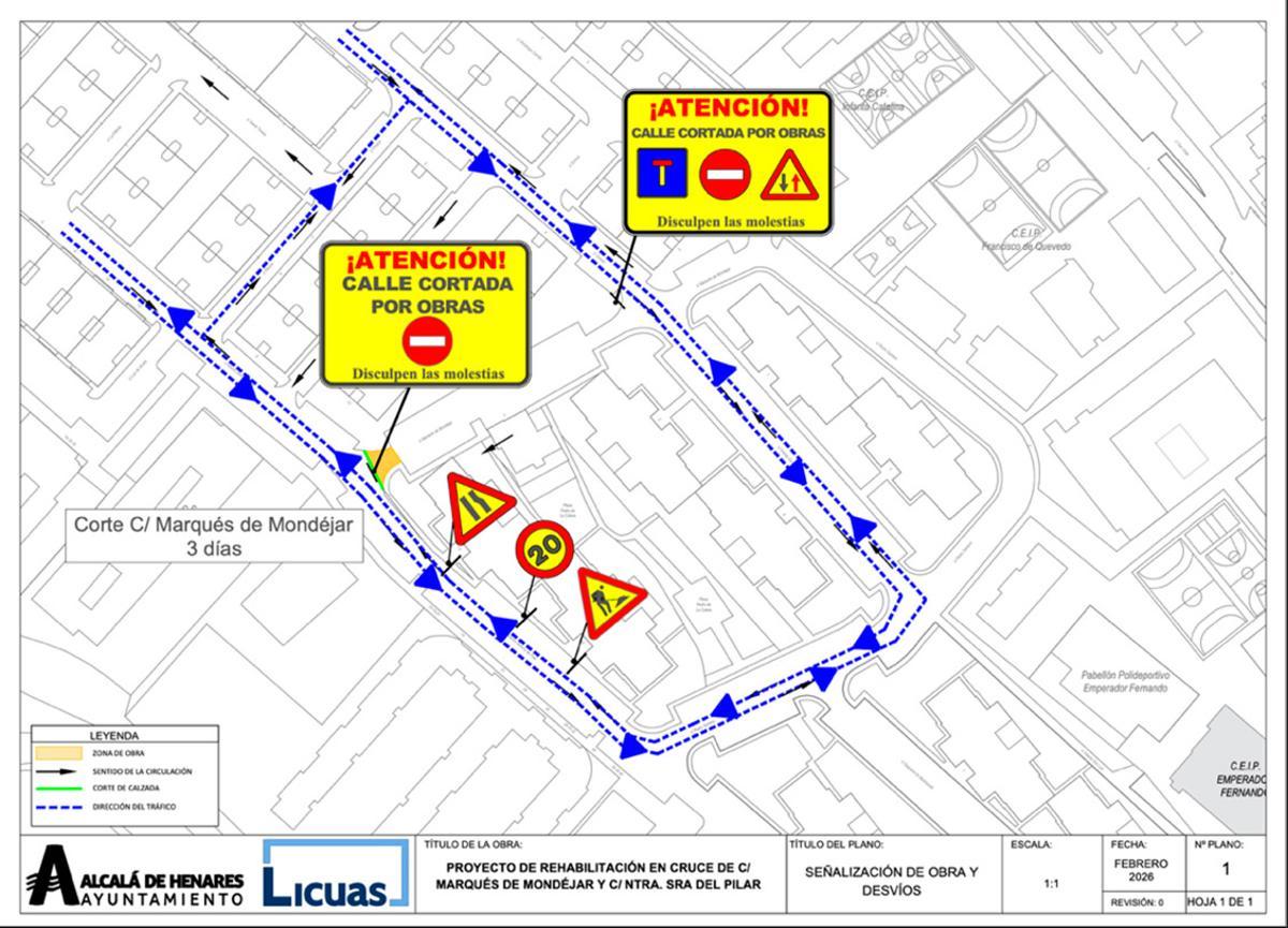 Mapa de los cortes de tráfico con motivo del proyecto de rehabilitación calle Marqués de Mondéjar