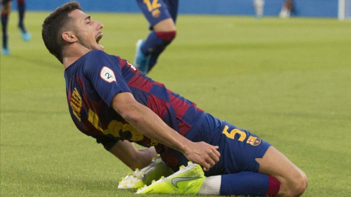 Guillem Jaime celebra un gol anotado con el Barça B ante el Nàstic