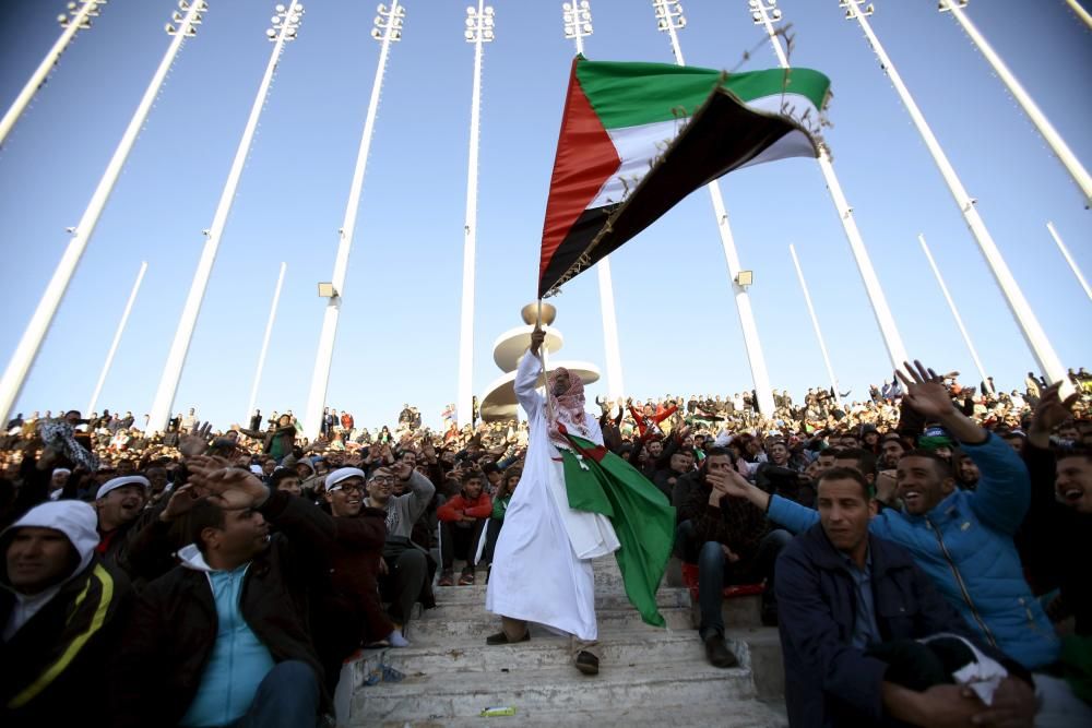 An Algerian fan waves a Palestinian flag as he ...
