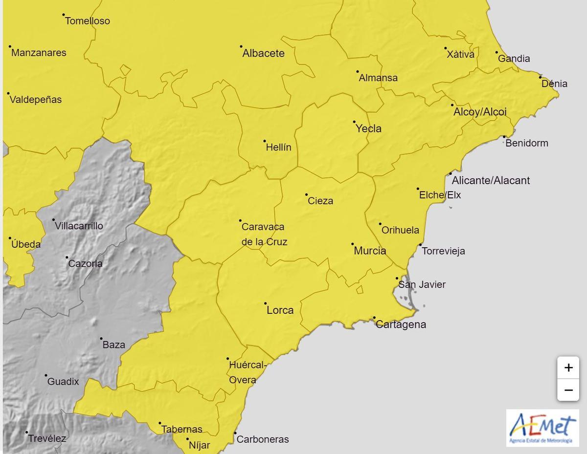 Mapa de la Región de la Aemet con alerta amarilla.