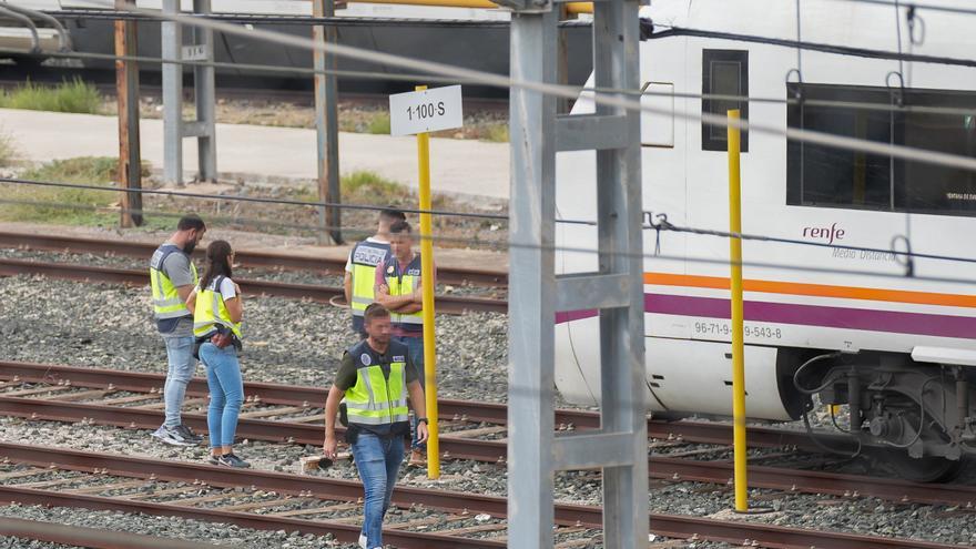 La policía junto a los dos trenes donde se ha localizado el cádaver, cerca de la estación de Santa Justa.