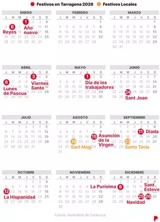 Calendario laboral de Tarragona de 2026 (con todos los festivos)