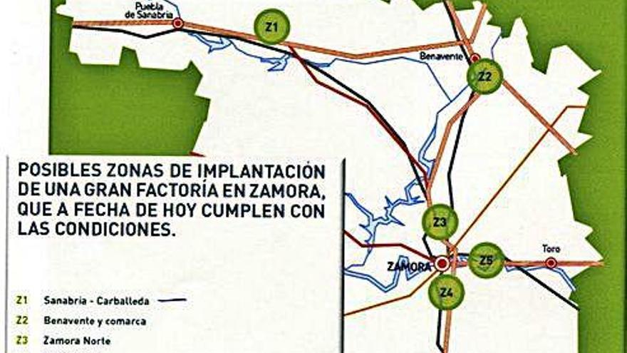 Ubicaciones recogidas en el Plan para la implantación de grandes factorías en la provincia de Zamora.