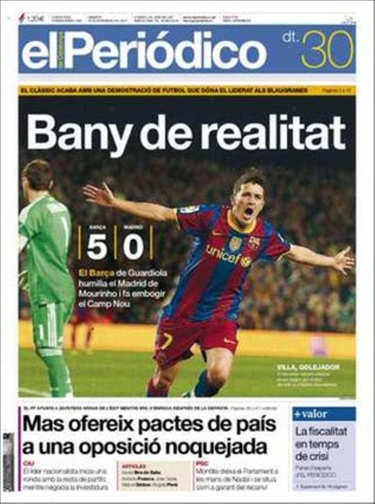 EL PERIÓDICO, a més dels temes que té a portada, també destaca a dins l’última filtració de secrets dels EUA a càrrec de Wikileaks, que l’ONU i la UE pressionen perquè la cimera del clima de Cancún no sigui un altre Copenhaguen, que Brussel·les preveu que Espanya creixerà el 2011 la meitat de la zona euro, que els pensionistes tindran una paga extra al gener per l’IPC, que Seat destina un vicepresident a una nova seu a Madrid, i que un jubilat francès treu a la llum 217 obres inèdites de Picasso.  