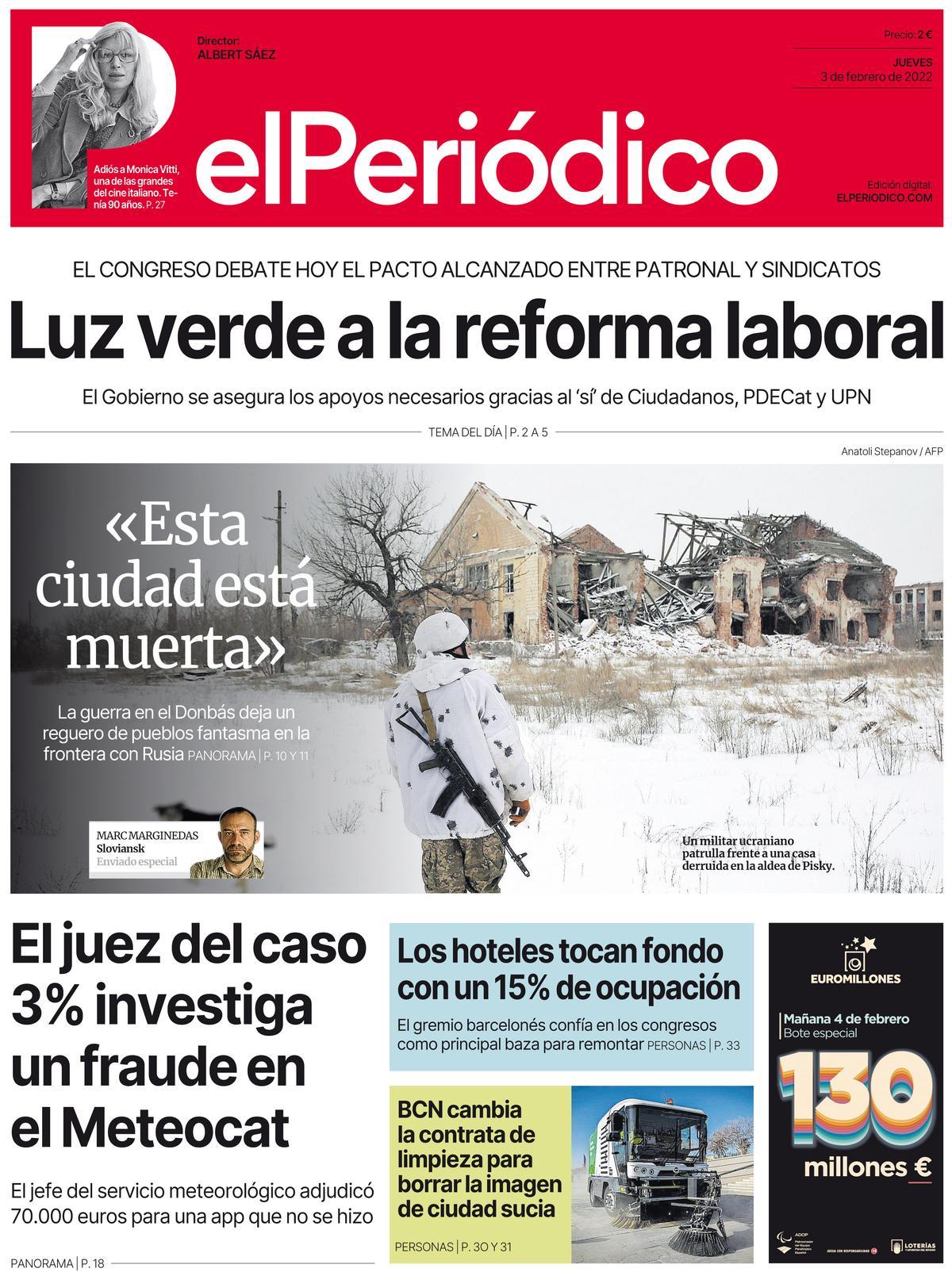 La portada d’EL PERIÓDICO del 3 de febrer del 2022