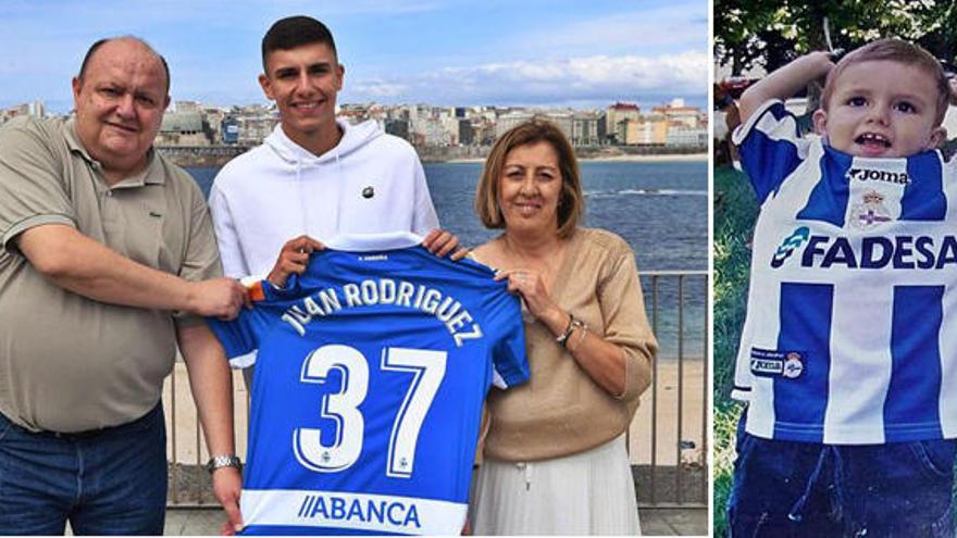 El joven central, con sus padres, Juan y Merchy, en el paseo marítimo de Riazor (iz) y de niño, con la camiseta blanquiazul.