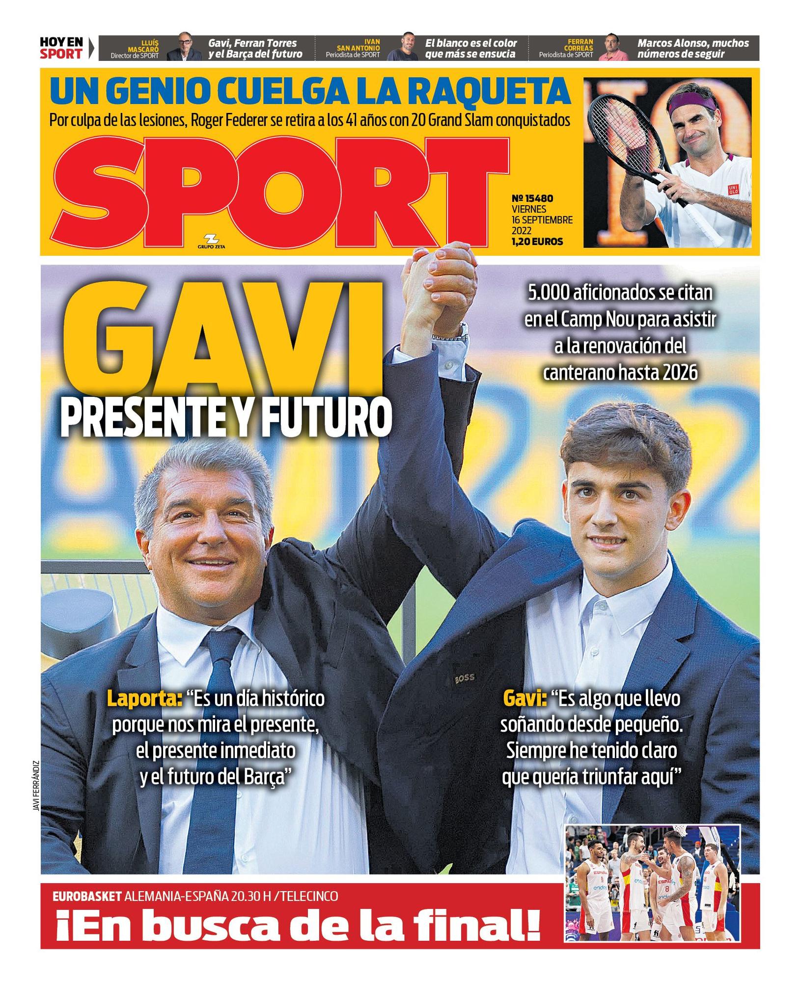 'Gavi, presente y futuro', es la portada de SPORT de hoy viernes 16 de septiembre de 2022