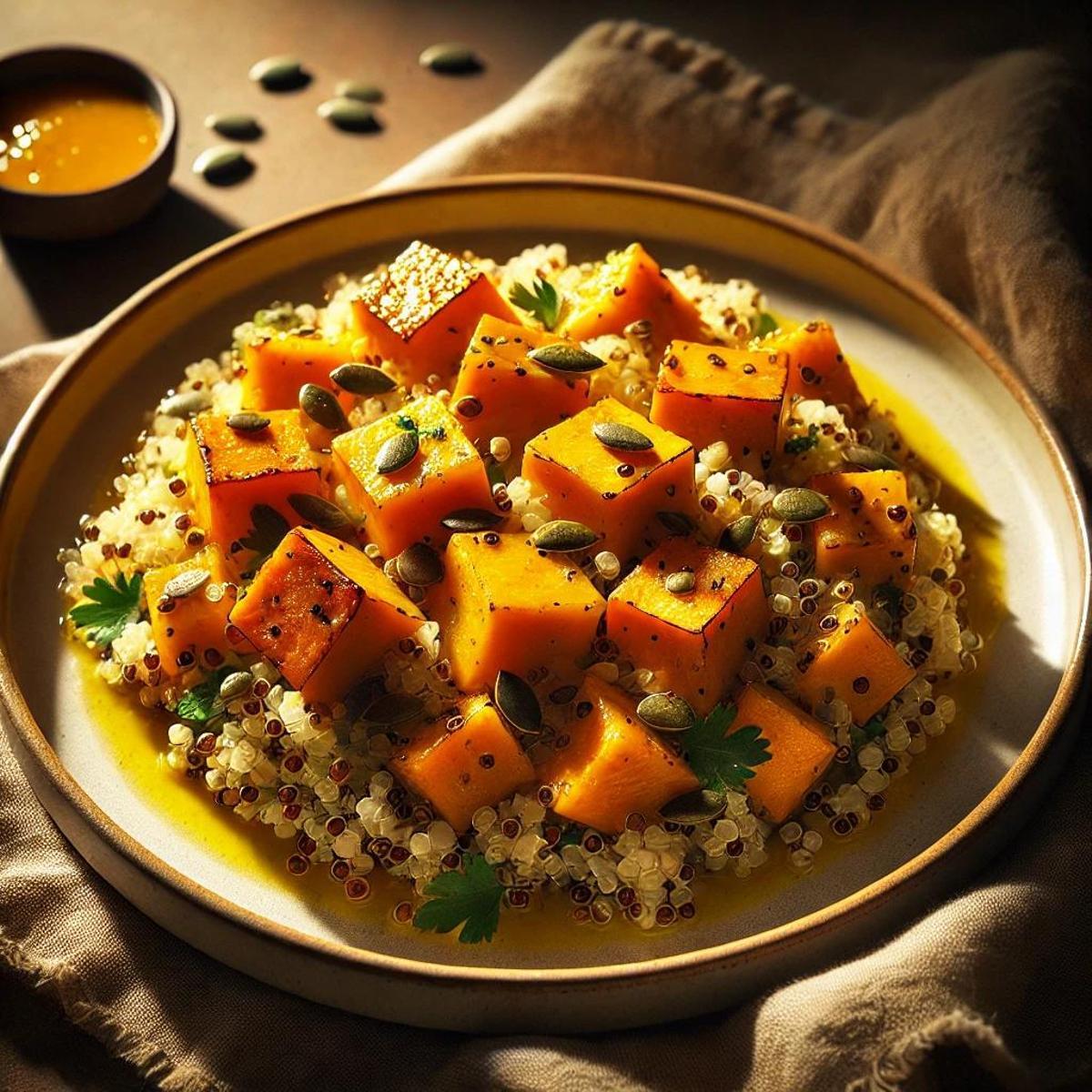 Ensalada templada de calabaza y quinoa con vinagreta de naranja.