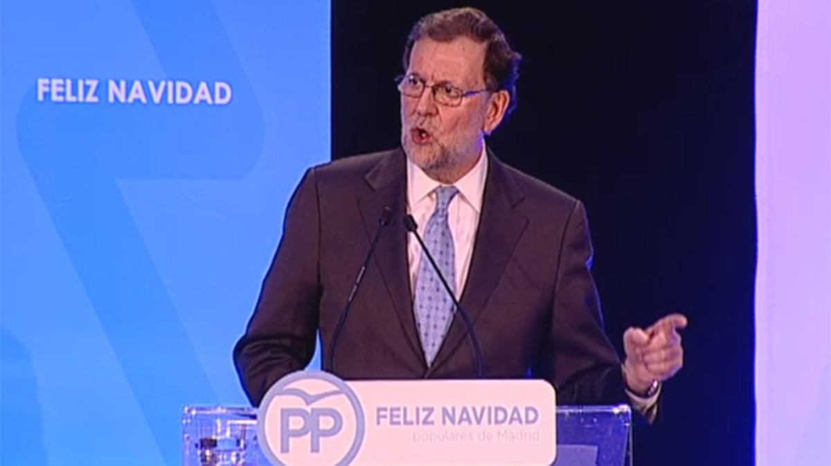 Discurs de Rajoy en el sopar de Nadal amb militants del PP a Torrejón de Ardoz, aquest dimecres.