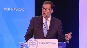 Discurs de Rajoy en el sopar de Nadal amb militants del PP a Torrejón de Ardoz, aquest dimecres.