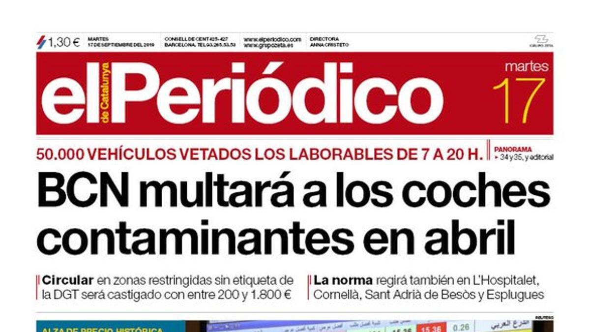 La portada de EL PERIÓDICO del 17 de septiembre del 2019.