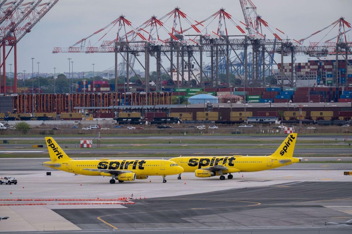 Spirit Airlines airplanes at Newark Liberty International Airport (EWR) in Newark, New Jersey, US, on Saturday, May 2, 2026. Spirit Aviation Holdings Inc. is winding down operations after the troubled US discount carrier buckled under the weight of surging fuel prices and a government bailout dangled by US President Donald Trump fell through. Photographer: Adam Gray/Bloomberg