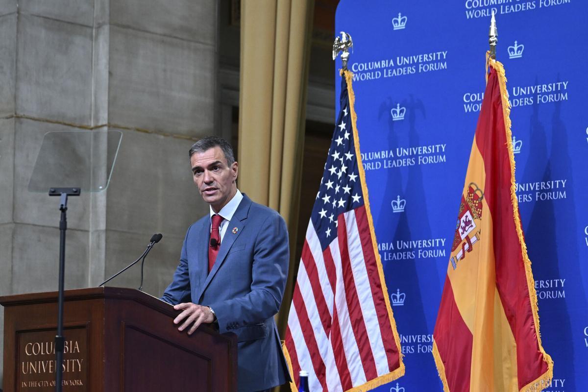 El presidente del Gobierno, Pedro Sánchez, durante un acto en la Universidad de Columbia, en una de sus primeras actividades en Nueva York con motivo de la semana de alto nivel de la ONU.