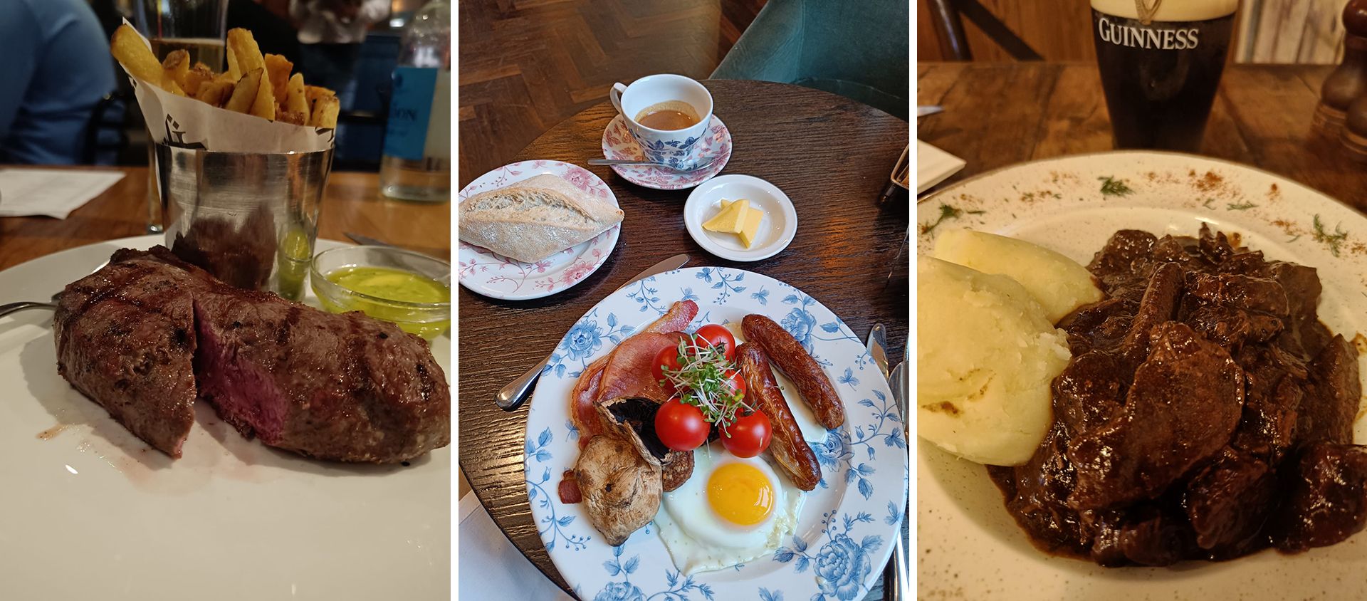 Por la izquierda, un solomillo de vacuno irlandés, un &quot;full irish breakfast&quot; y un &quot;guinness stew&quot;