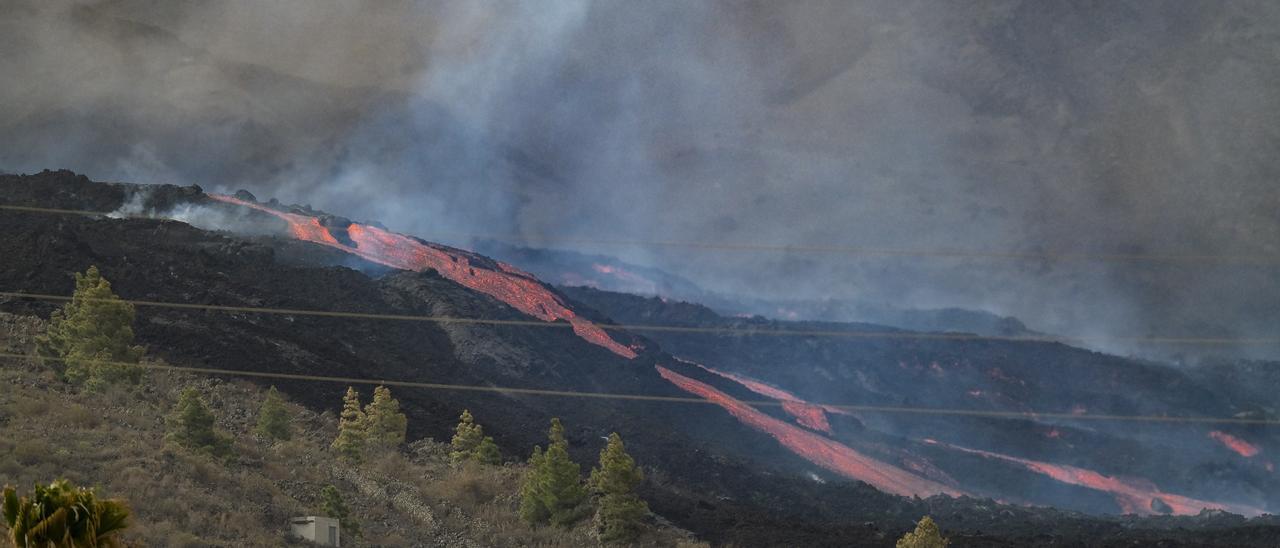 Erupción del volcán de La Palma visto desde el barrio Dos Pinos, en Los Llanos de Aridane.