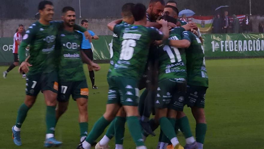 Los verdes, celebrando uno de los tres goles ante el Logroñés. |  // F. CASANOVA