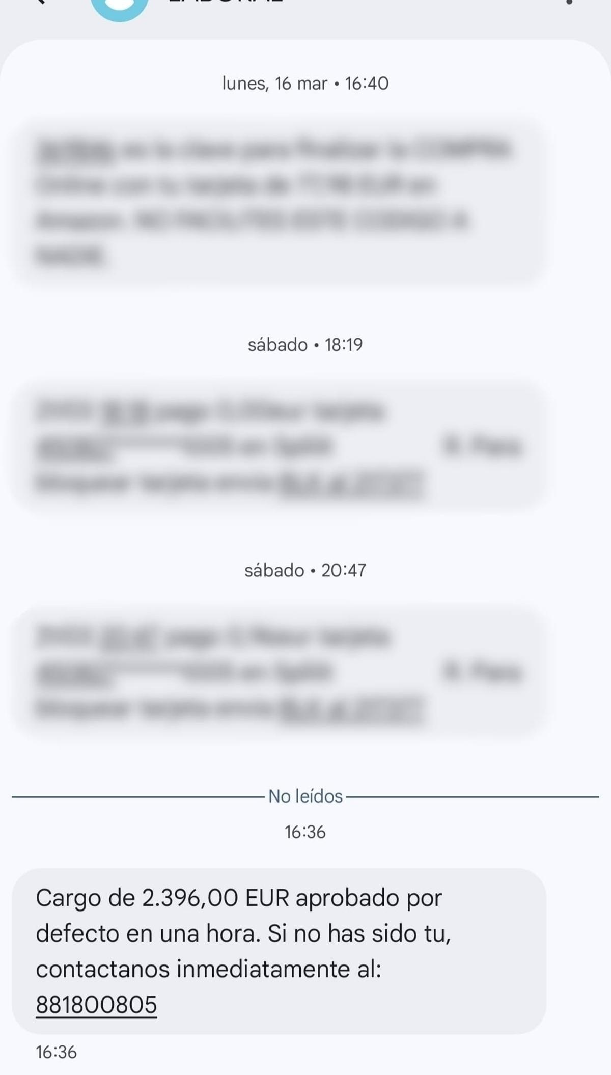 Modelo de mensajes fraudulentos que se hacen pasar por comunicaciones de entidades bancarias y que incluso aparecen integrados en sus mismos hilos de mensajes.
