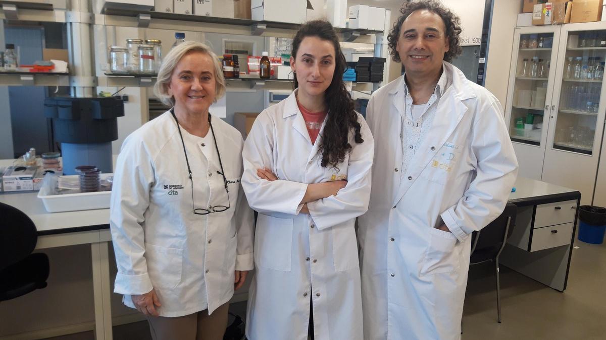 Clara Marín, Cristina Uruén y Jesús Arenas en los laboratorios del CITA