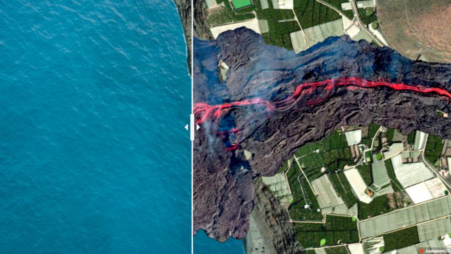 Infografía interactiva del volcán II - La fajana antes y después