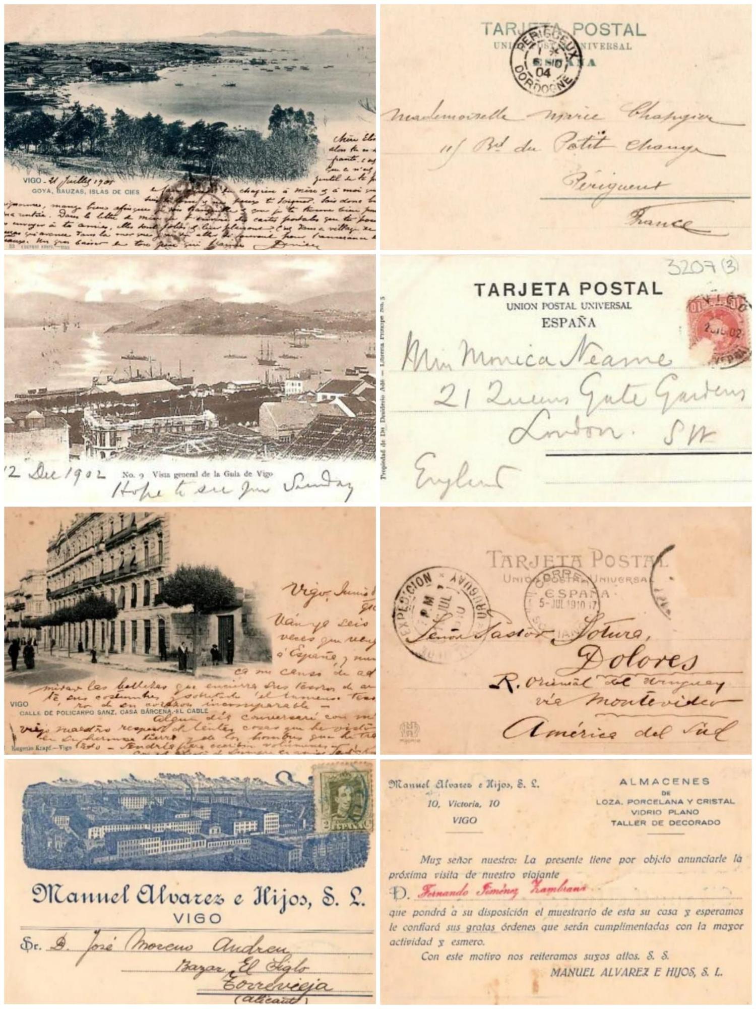 Postales antiguas de Vigo con fotos de Bouzas, A Guía o la calle Policarpo Sanz mataselladas y enviadas a Francia, Londres y Uruguay; La última corresponde a la misiva de la empresa viguesa de loza y porcelana Manuel Álvarez e Hijos a un posible cliente en Alicante.