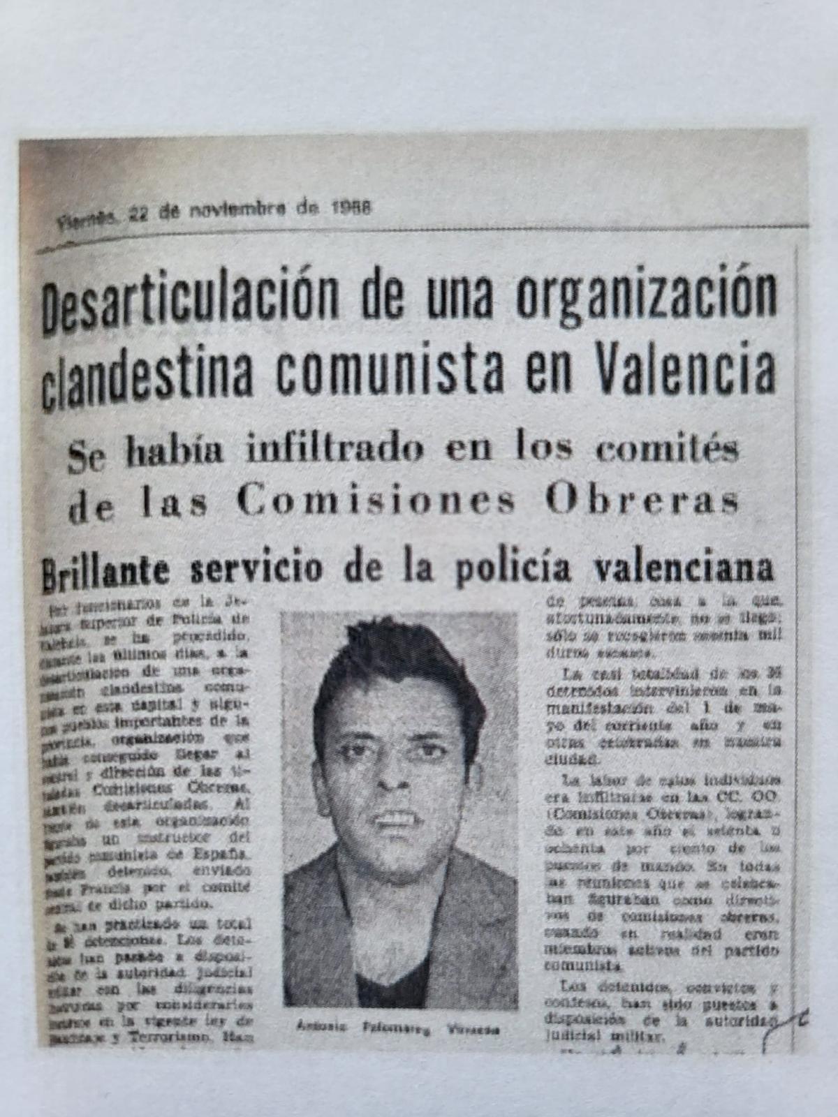 Recorte de 1968 con la imagen de Antonio Palomares tras su detención.