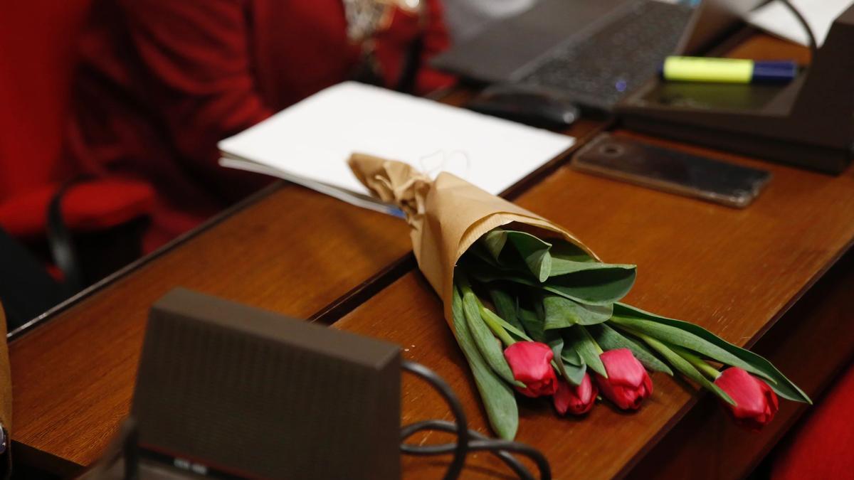 Ramo de tulipanes en el espacio que ocupaba Amparo Pernichi en el Salón de Plenos.