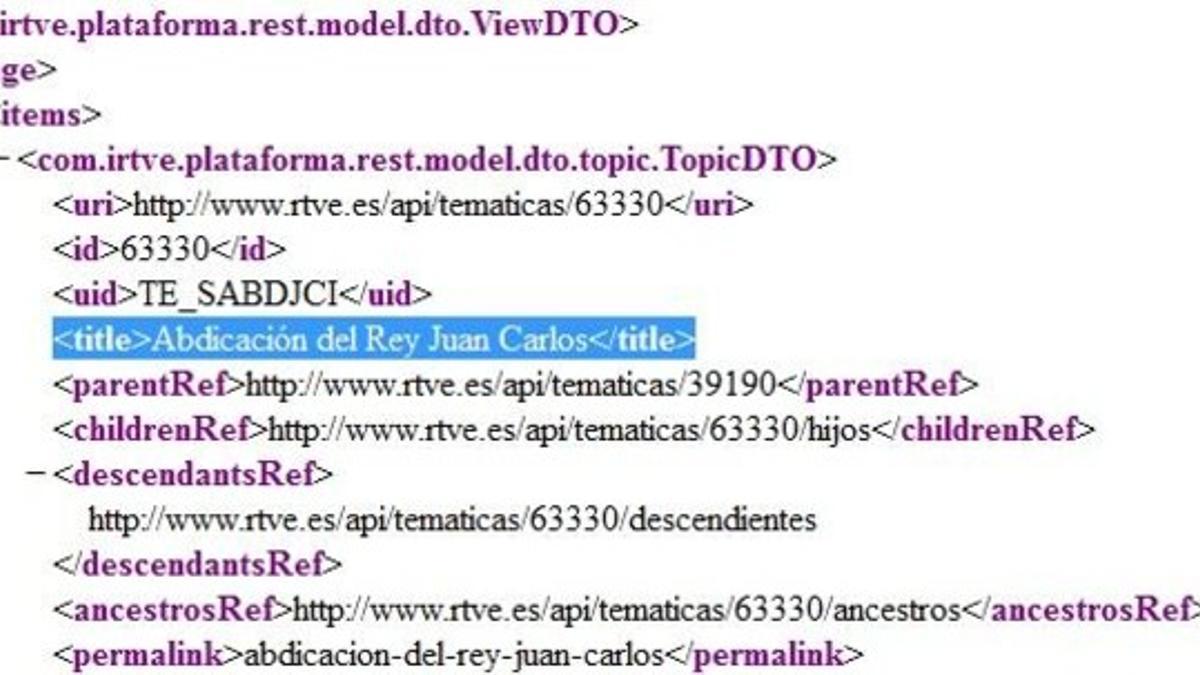 El código fuente de la web de RTVE donde se lee &quot;Especiales/Abdicación del Rey Juan Carlos&quot;.