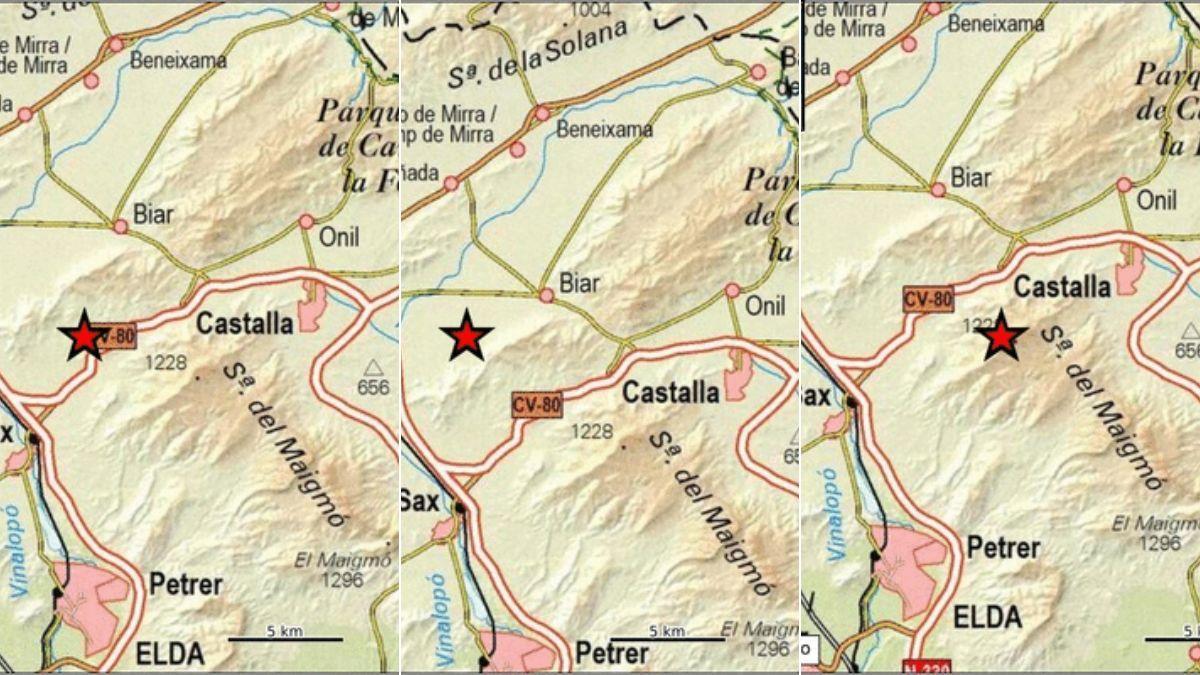 Epicentros de los terremotos que se produjeron en la tarde de ayer en las inmediaciones de Biar y Castalla ordenados por de forma cronológica