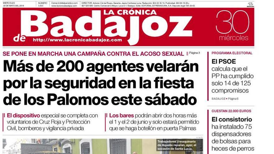 Esta es la portada de LA CRÓNICA DE BADAJOZ correspondiente al día 30 de mayo del 2018