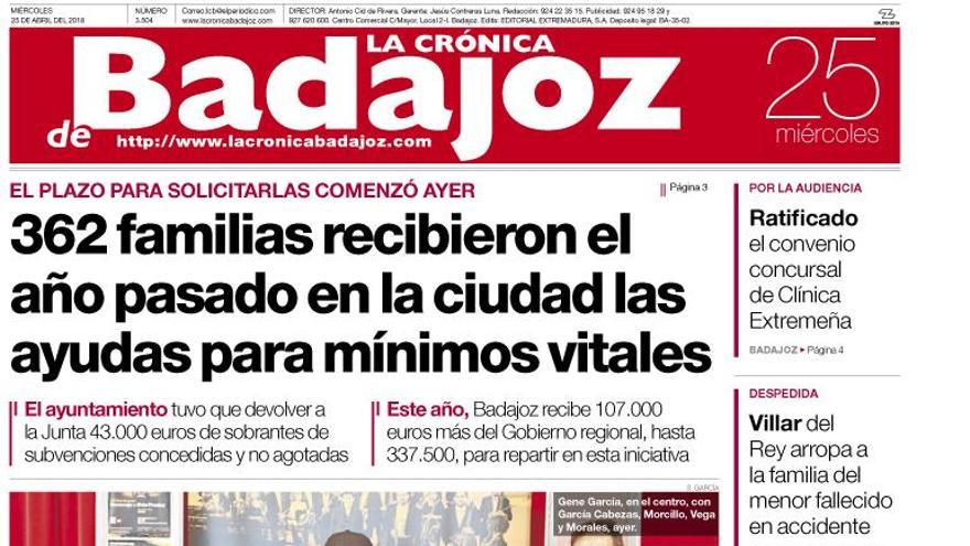 Esta es la portada de LA CRÓNICA DE BADAJOZ correspondiente al día 25 de abril del 2018