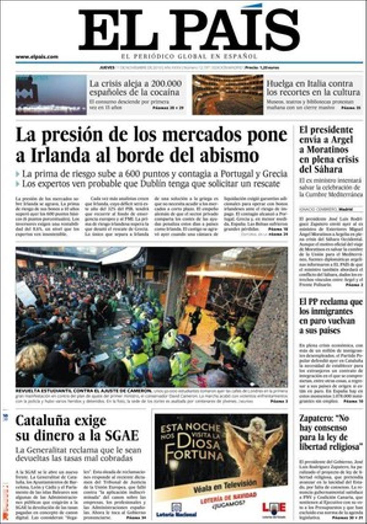 A dins, ’El País’ també destaca que comença al Congrés la reforma per controlar les televisions privades durant les campanyes electorals, que la reforma financera impulsada pel G-20 s’encalla a la gran banca, que Caja Madrid ofereix refinançar deute per 13.736; que els bancs van donar hipoteques per 14 vegades el valor dels pisos de Badia; que Ernest Maragall fa marxa enrere i autoritzarà la jornada intensiva al juny a les escoles i que CiU frenarà la implantació d’ordinadors a les aules si governa.