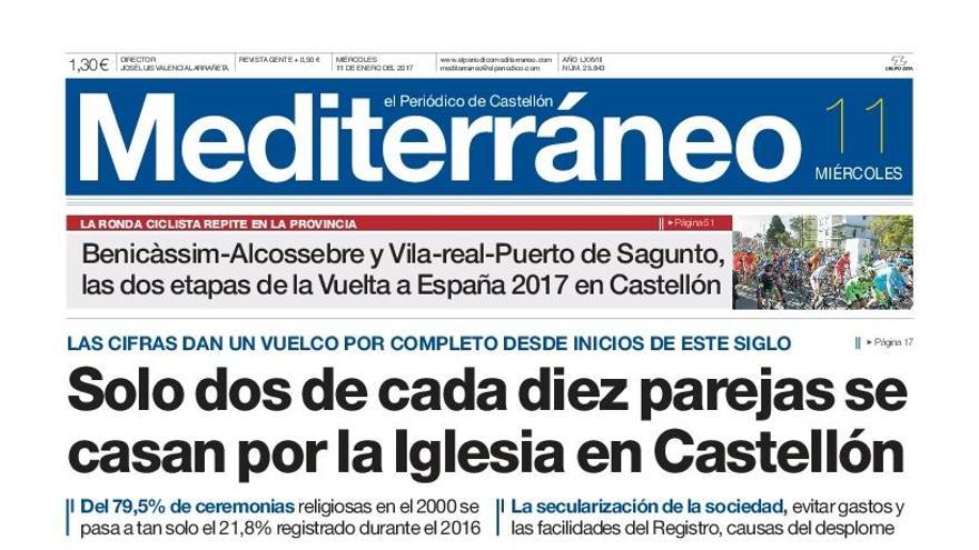 Solo dos de cada diez parejas se casan por la Iglesia en Castellón, en la portada de Mediterráneo