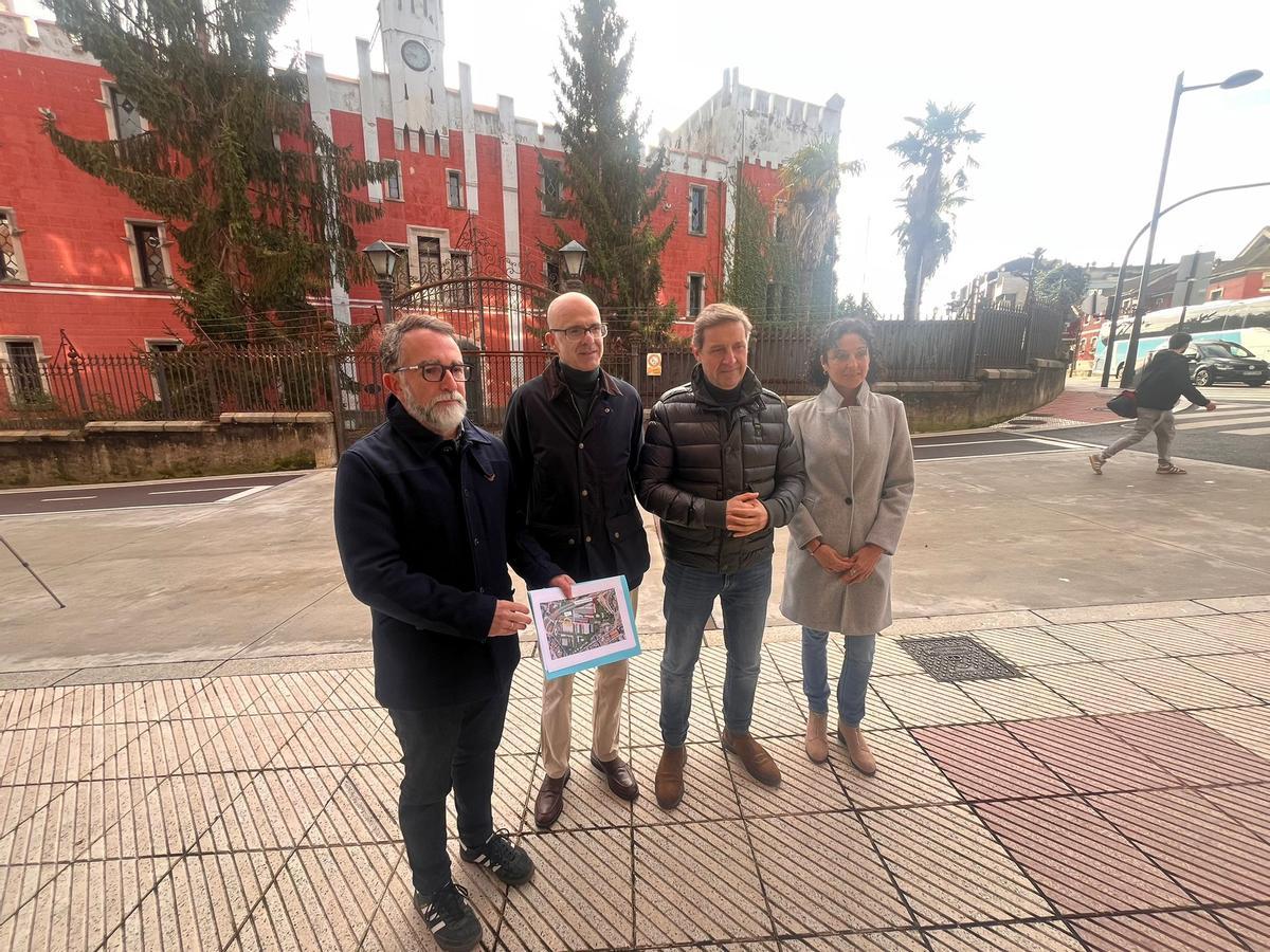 Los concajeles socialistas Juan Álvarez Areces, Jorge García Monsalve, Carlos Fernández Llaneza y Natalia Sánchez Santa Bárbara delante de La Vega.