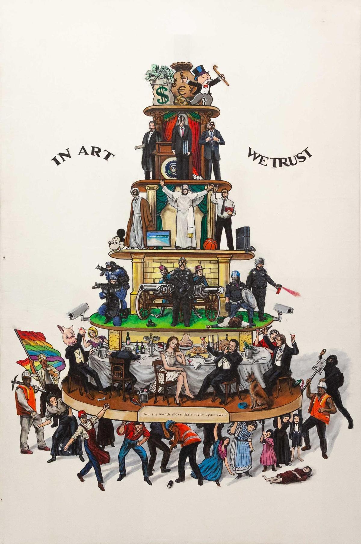 'Tú vales más que muchos gorriones (En el arte confiamos)' (2016), de Ozmo. Acrílico sobre PVC reciclado.