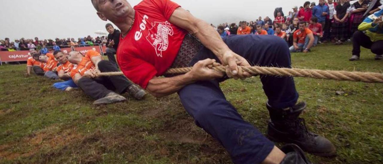 Tiro de cuerda. Uno de los participantes en la prueba de tiro de cuerda trata de ayudar a su equipo durante la celebración del concurso en Vega de Enol (Cangas de Onís).