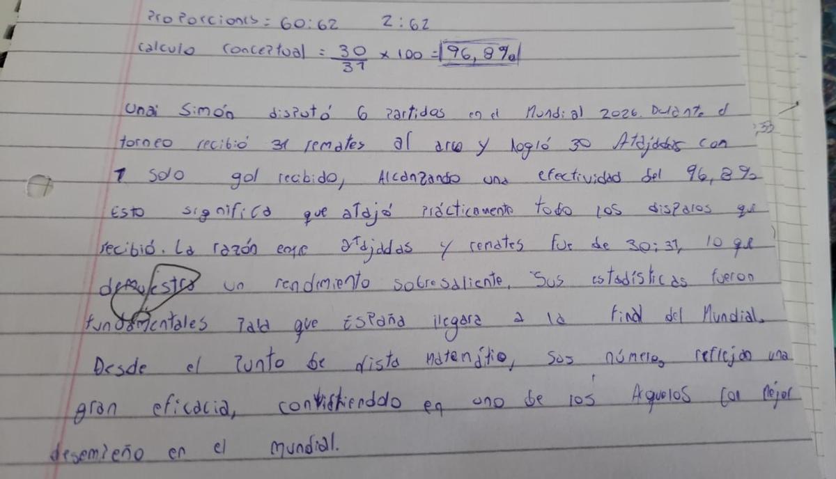 Marisa muestra un ejercico de clase, donde un alumno elige al portero de la selección española