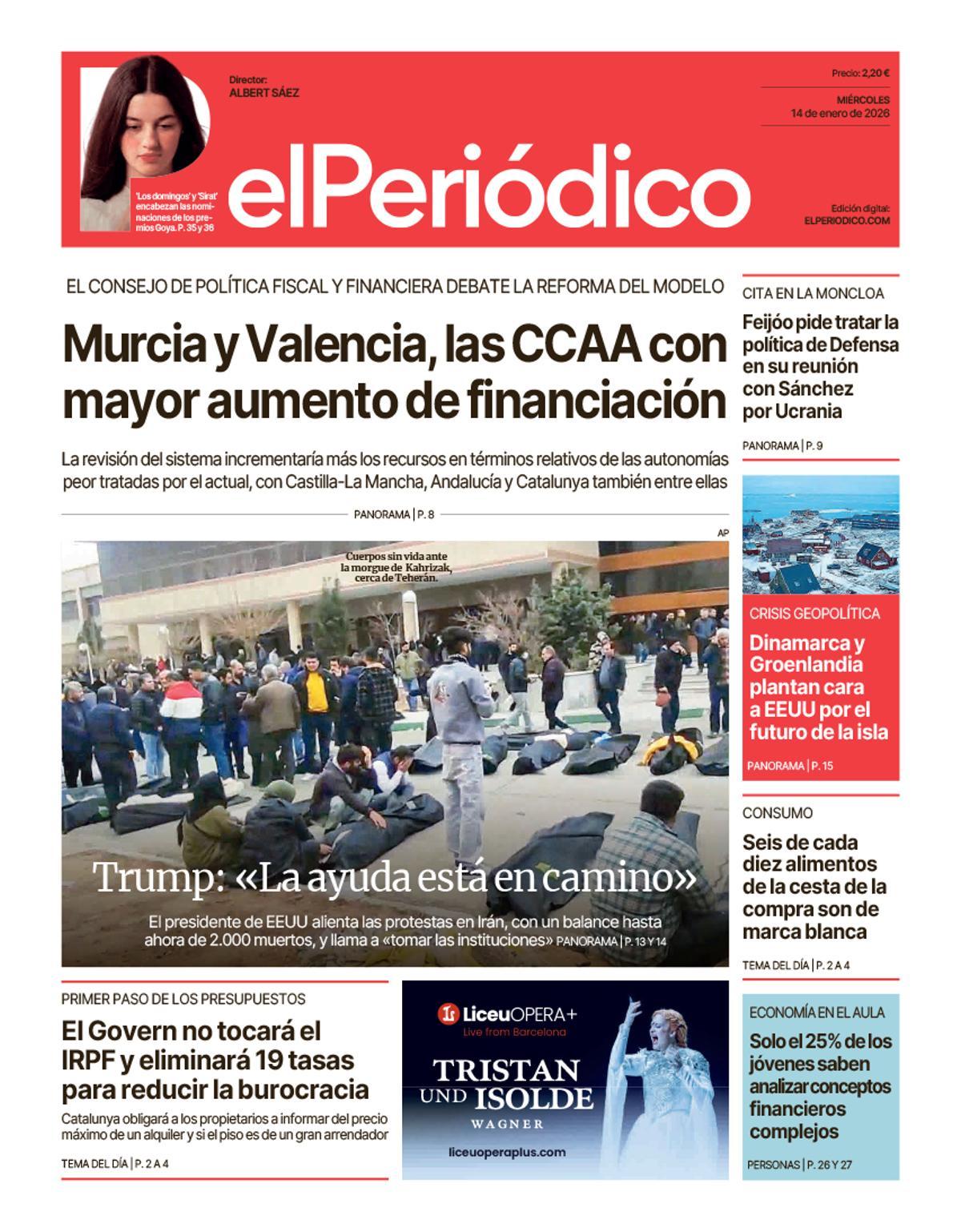 La portada de EL PERIÓDICO del 14 de enero de 2026
