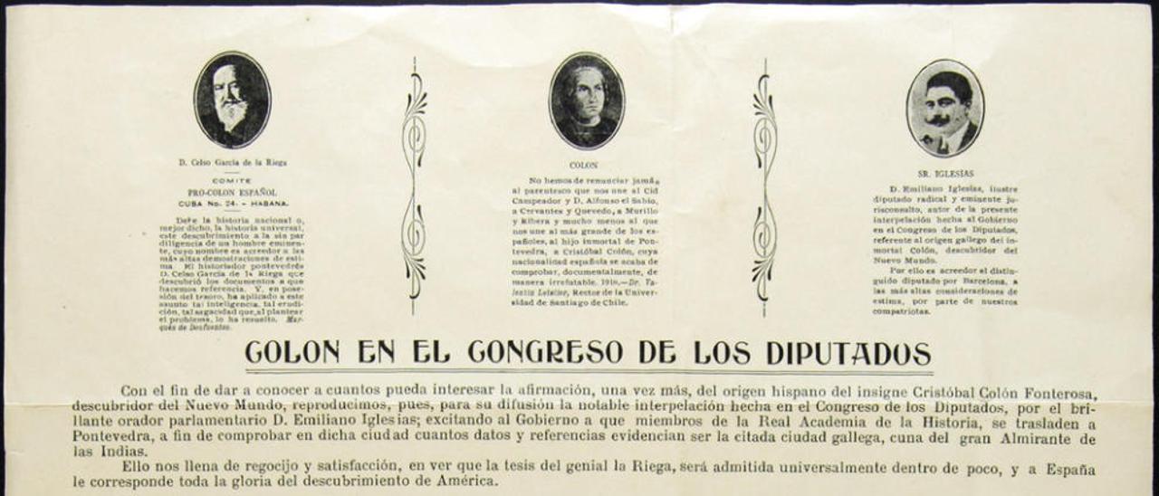 &quot;Pasquín&quot; editado por la asociación Pro Colón gallego, para recordar la intervención en el Congreso, datada en 1922.