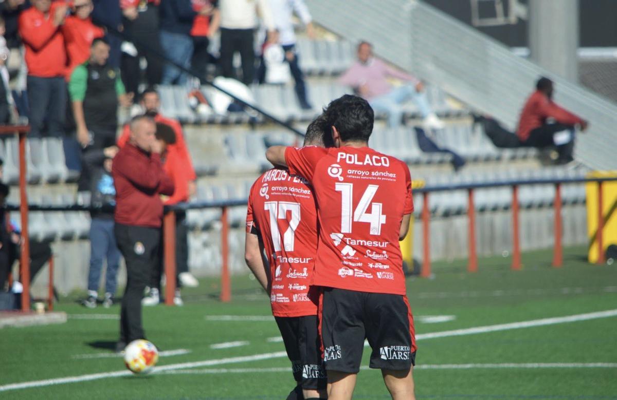 Marcos Pérez y Polaco, jugadores del Salerm, celebran un gol.